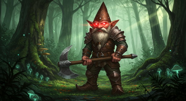 A magical gnome warrior with glowing eyes, holding an axe in a mystical forest #3