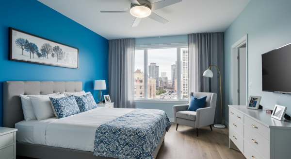 A modern bedroom with blue walls #4