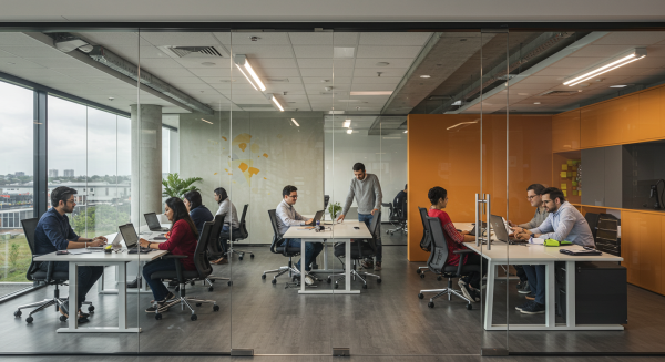 Modern open-plan office with glass walls, laptops on desks, and people #4