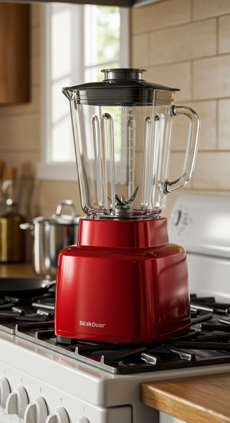 A new red blender on the kitchen stove #1