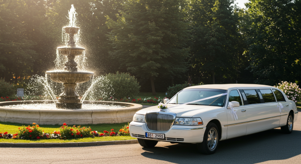 A white wedding limousine parked by a fountain in the day #2