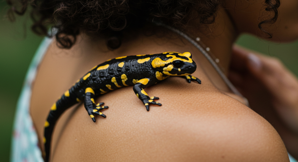 Close-up of a salamander on a lady's back as a pet #2