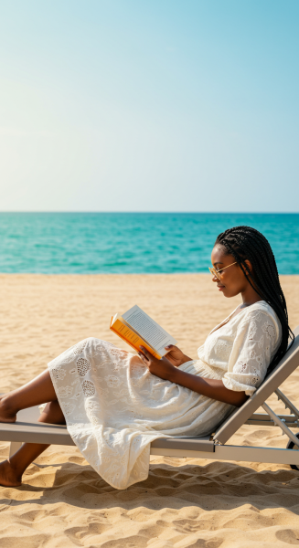 A young black woman reading a book while sitting at the beach #1