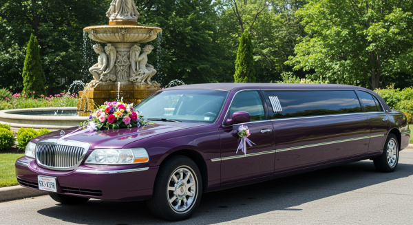 A purple wedding limousine parked by a fountain in the day, with a bouquet on it #3