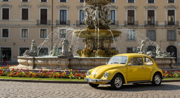 A yellow car parked by a fountain #4