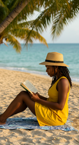 A young black woman reading a book while sitting at the beach #3