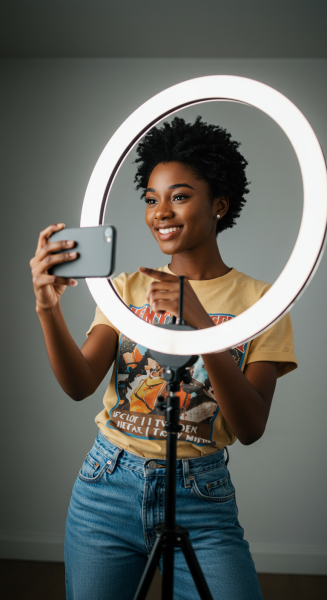 Young black female influencer taking a selfie with a ring light #1