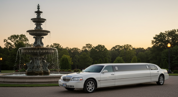 A white wedding limousine parked by a fountain at dusk #2