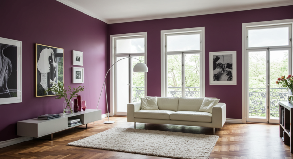A photo of a modern living room with purple paint #4