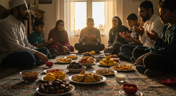 Muslim family gathering for Iftar, traditional meal laid out on floor #2