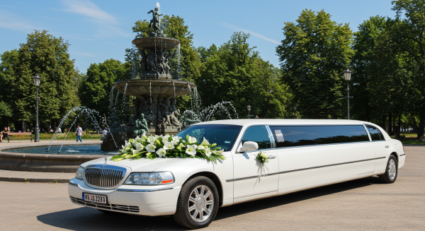 A white wedding limousine parked by a fountain in the day, with a bouquet on it #3