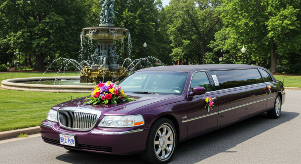 A purple wedding limousine parked by a fountain in the day, with a bouquet on it #4