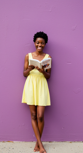 A young black woman reading a book while standing by a purple wall #4