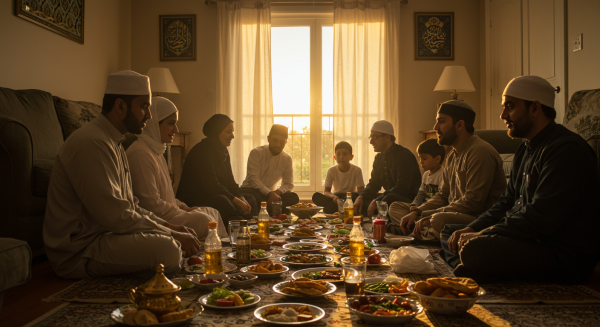 Muslim family gathering for Iftar, traditional meal laid out on floor #3