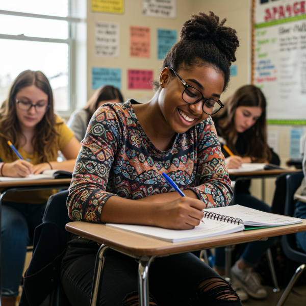 A young black female student writing in class #1