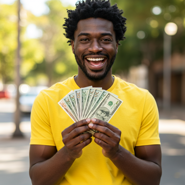 A happy black man in a yellow shirt holding money in his hands #3