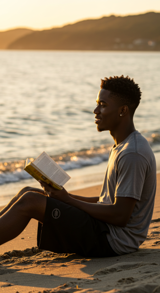 A young black man reading a book while sitting at the beach #1