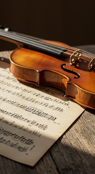 Close-up of a violin on a rustic wooden table with sheet music beside it #1