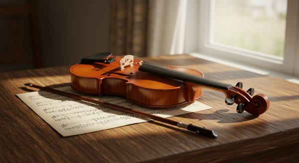 Close-up of a violin on a rustic wooden table with sheet music beside it #3