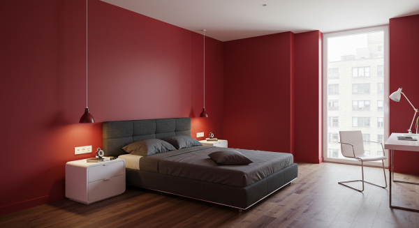A modern bedroom with red walls #4