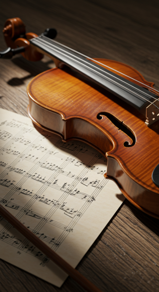 Close-up of a violin on a rustic wooden table with sheet music beside it #3