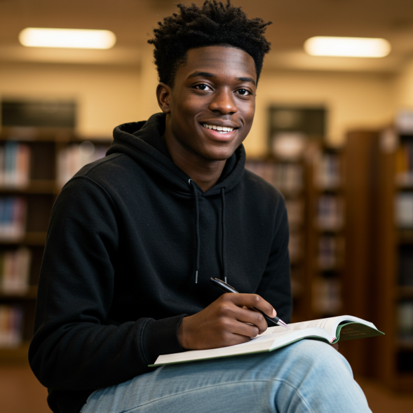 A young black male student holding her pen and smiling #3