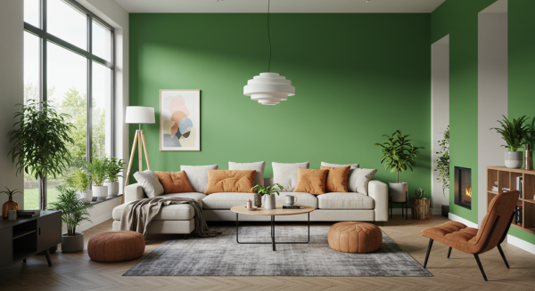 A photo of a modern living room with green paint #4