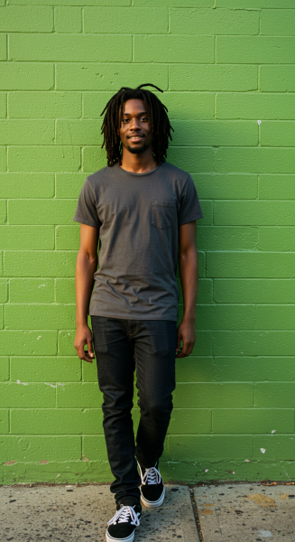 A young black man standing by a green wall #1