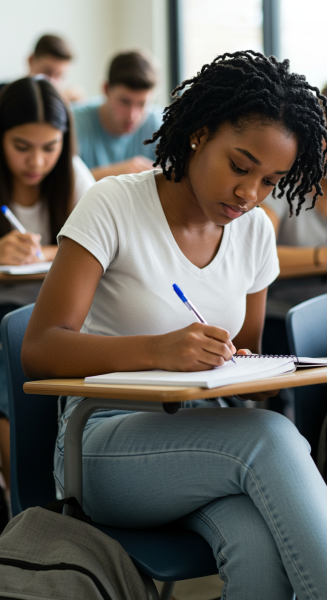A young black female student writing in class #2