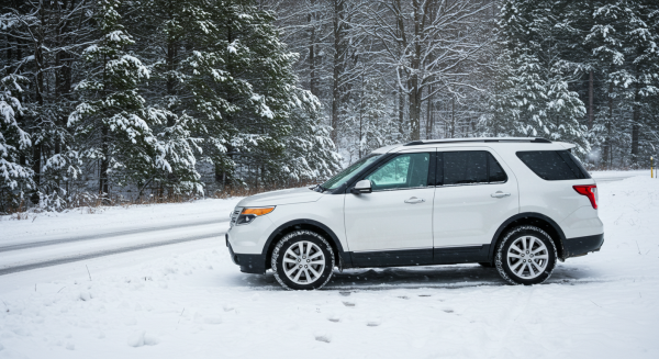 A white SUV parked on the road on a snowy day #1
