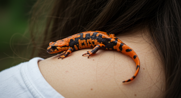 Close-up of a salamander on a lady's back as a pet #3