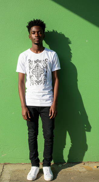 A young black man standing by a green wall #3