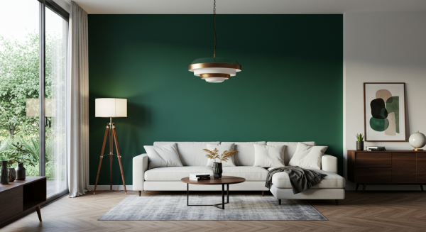 A photo of a modern living room with green paint #2