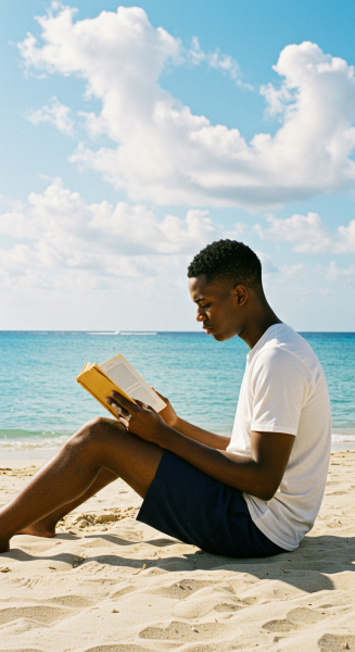 A young black man reading a book while sitting at the beach #3