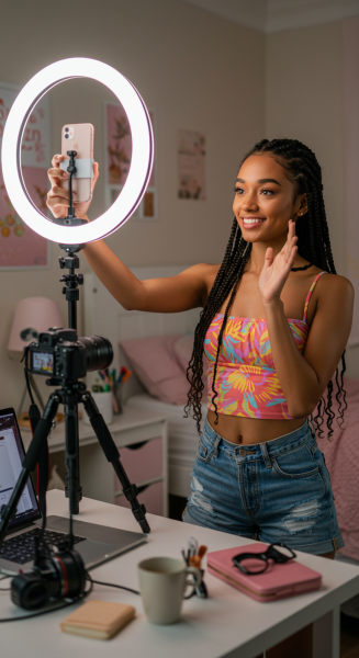 Young influencer taking a selfie with ring light in a decorated bedroom, laptop and camera gear on desk #1