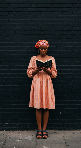 A young black woman reading a book while standing by a black brick wall #4