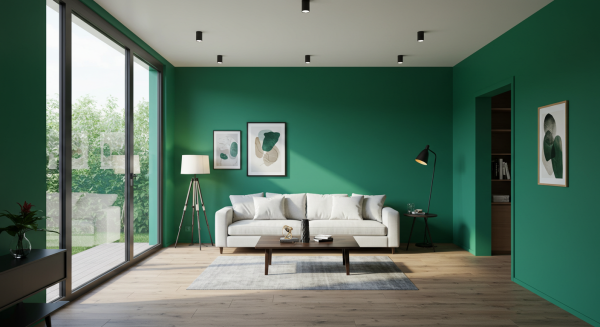 A photo of a modern living room with green paint #1