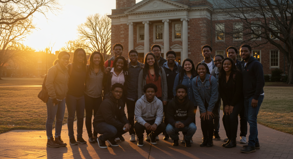 A group of black students posing for the camera at sunset #1