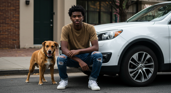 A young black man with his dog standing by his white car #3