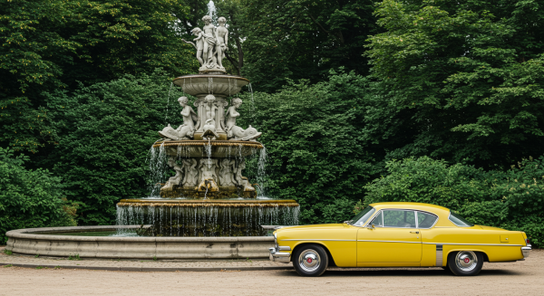 A yellow car parked by a fountain #1
