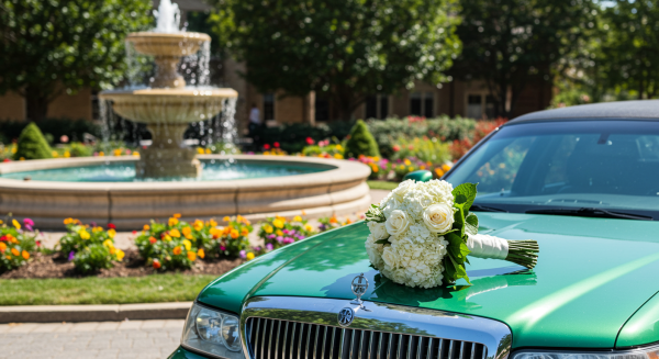 A green wedding limousine parked by a fountain in the day, with a bouquet on the hood #4