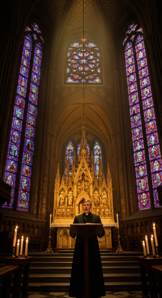 Christian priest giving a sermon in a candle-lit cathedral, stained glass glowing behind #1