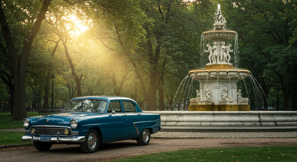 A blue car parked by a fountain #4