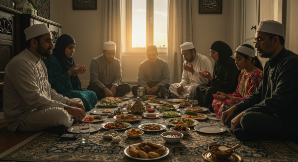 Muslim family gathering for Iftar, traditional meal laid out on floor #4