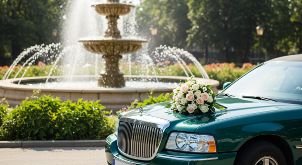 A green wedding limousine parked by a fountain in the day, with a bouquet on the hood #2