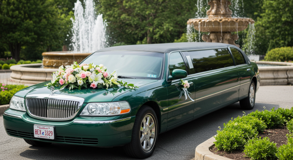 A green wedding limousine parked by a fountain in the day, with a bouquet on the hood #1