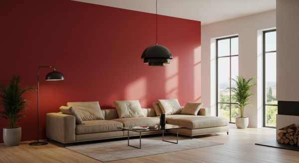 A photo of a modern living room with red paint #4