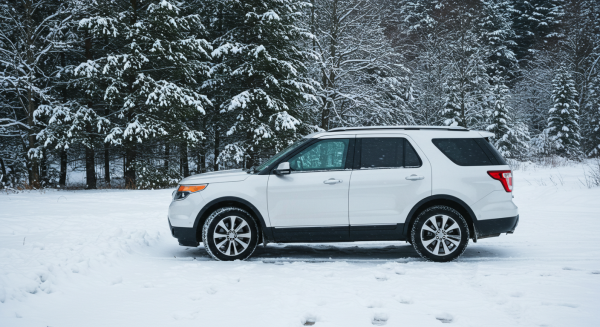 A white SUV parked on the road on a snowy day #4