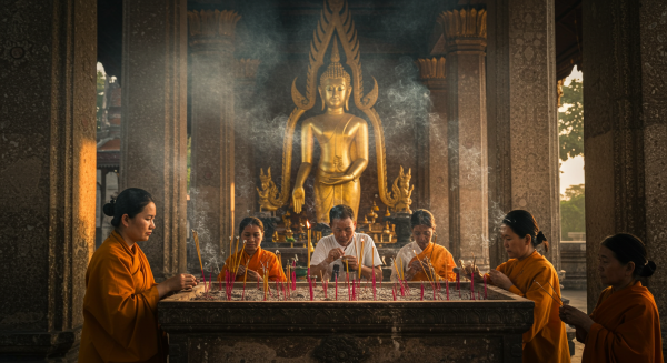 Devotees lighting incense in a Buddhist temple, soft smoke rising, golden Buddha statue in background #1