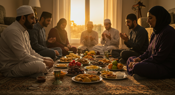 Muslim family gathering for Iftar, traditional meal laid out on floor #1